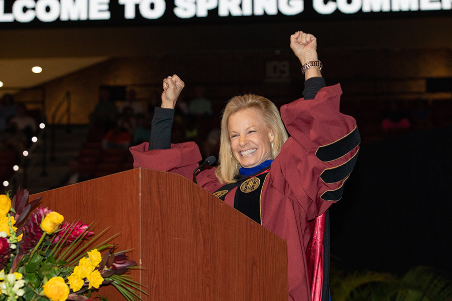 Former FSU women’s basketball head coach Sue Semrau delivers the commencement address to graduates during spring commencement Saturday, May 6, 2023, at the Donald L. Tucker Civic Center. (FSU Photography Services)