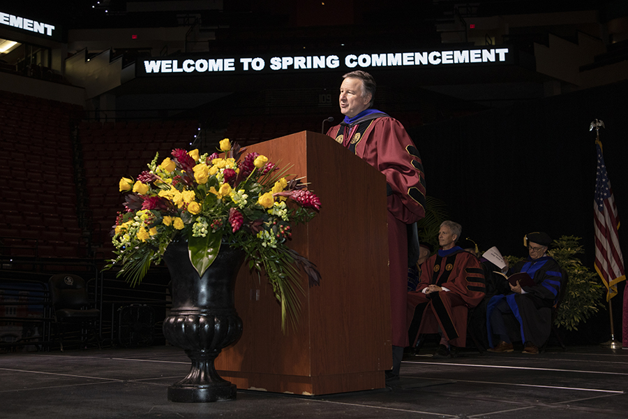 Florida State University President Richard McCullough welcomes graduates and their guests to the university’s spring doctoral hooding ceremony Friday, May 5, 2023, at the Donald L. Tucker Civic Center. (FSU Photography)
