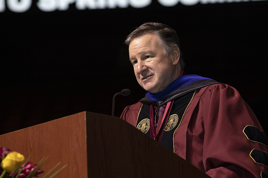 Florida State University President Richard McCullough welcomes graduates and their loved ones during a special ceremony Friday, May 5, 2023, at the Donald L. Tucker Civic Center. (FSU Photography)