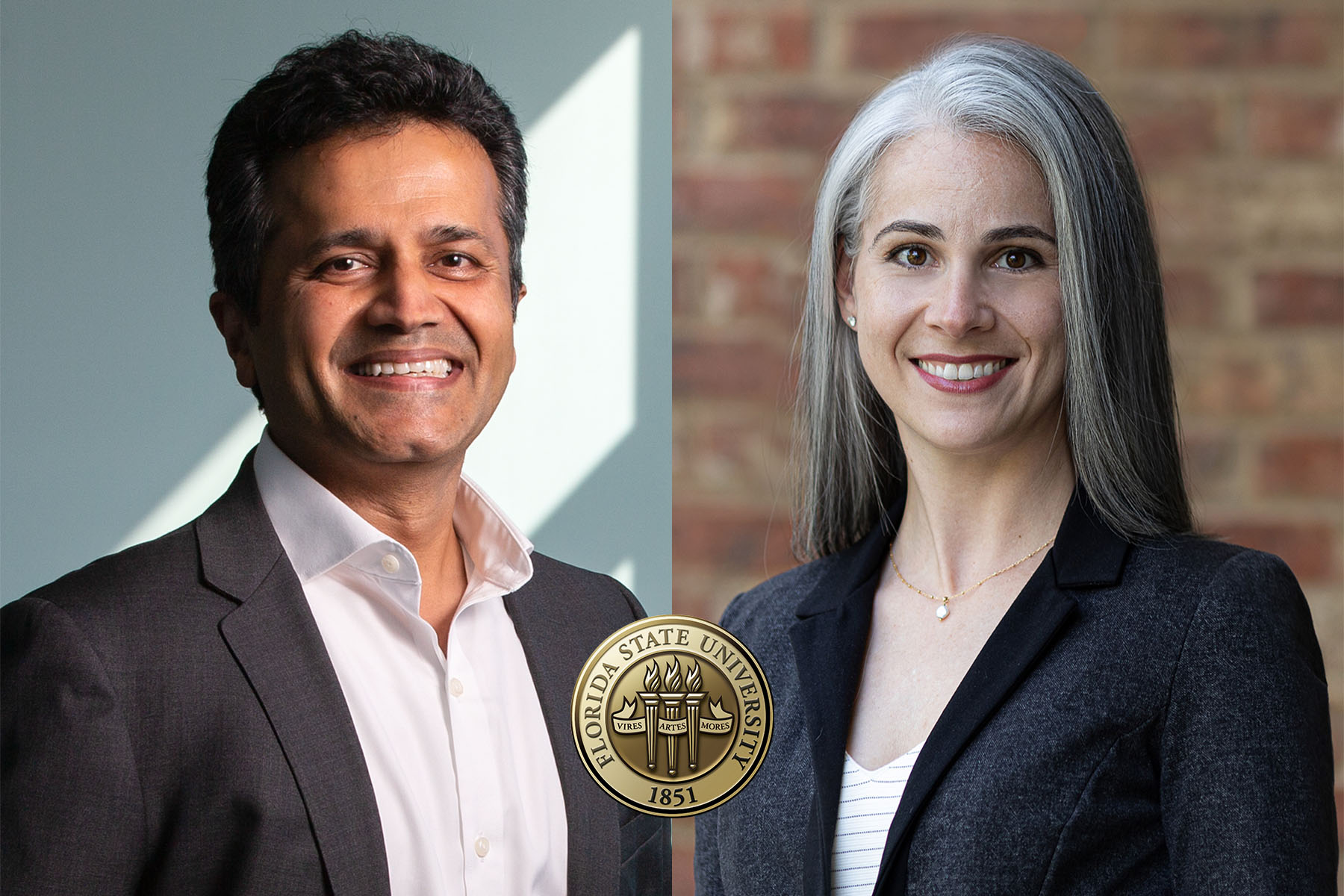 (L to R) Farrukh Alvi, the Don Fuqua Eminent Scholar and Professor of Mechanical Engineering and Emily Pritchard, the new Assistant Vice President for Academic Affairs for Health Innovation & Strategic Alliances.