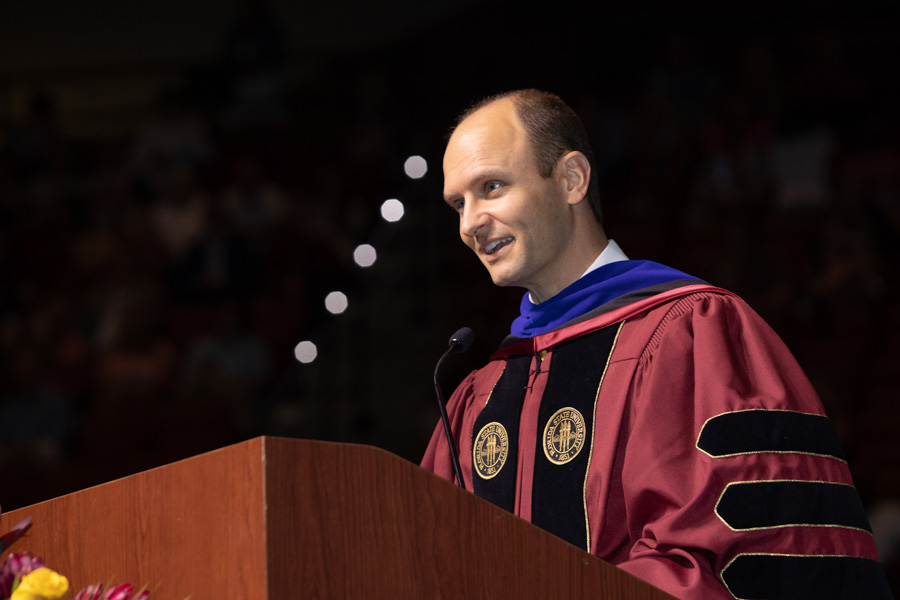 Joe O’Shea, associate provost and dean of Undergraduate Studies, speaks to graduates during spring commencement Saturday, May 6, 2023, at the Donald L. Tucker Civic Center. (FSU Photography Services)