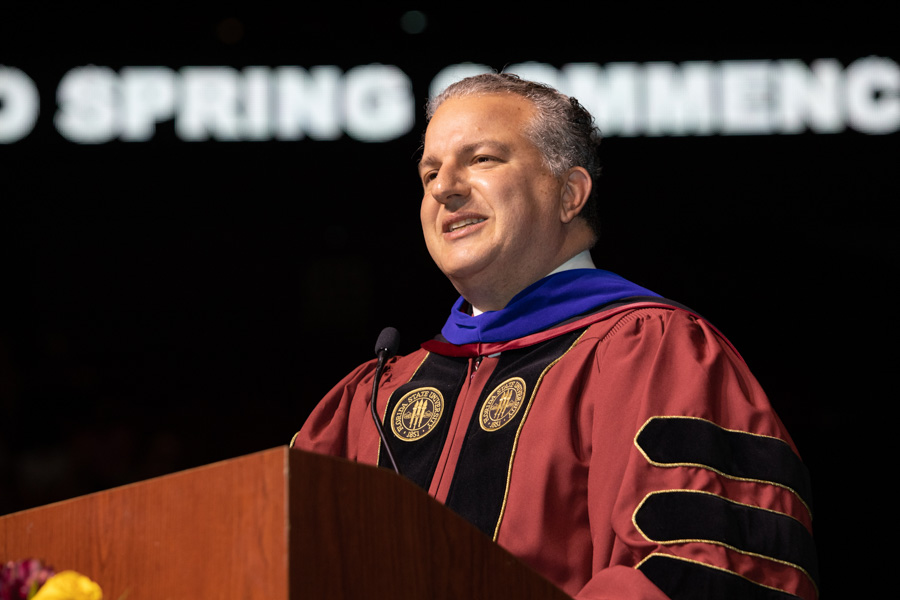 Chief Financial Officer of Florida Jimmy Patronis delivers the commencement address to graduates during the spring commencement Saturday, May 6, 2023, at the Donald L. Tucker Civic Center. (FSU Photography Services)