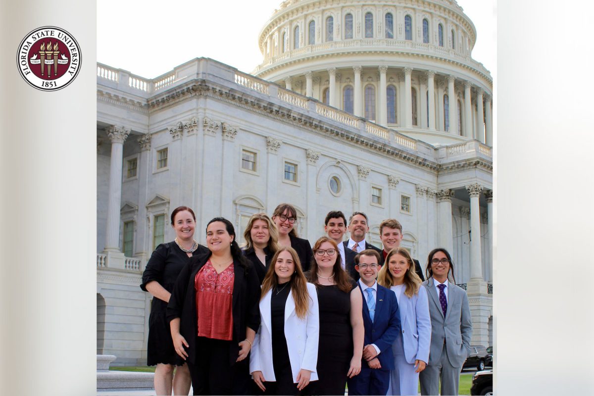 Participants in FSU’s APPLE program at the U.S. Capitol, left to right: Associate Professor Amanda Driscoll, Adriana Hernández-Fernández, Alex Dort, Marlee Whelan, Paige Murray, Sarah Brophy, Devon Cranford, Director of the Masters in Applied American Politics and Policy Brad Kile, Sam Appel, Leah Endress, Alessandro Brunelli and Justin Robert.