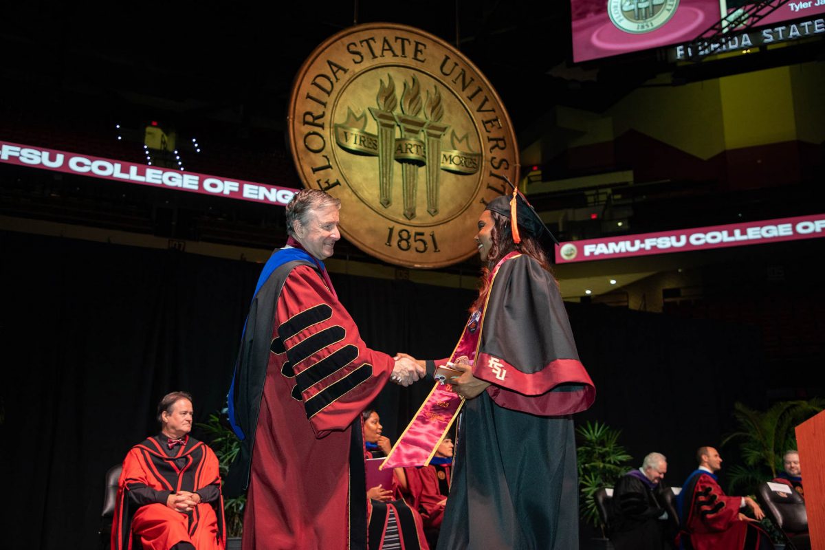 Florida State University President Richard McCullough welcomes graduates and their guests to the university’s summer commencement ceremony Friday, Aug. 4 at the Donald L. Tucker Civic Center. (FSU Photography Services)