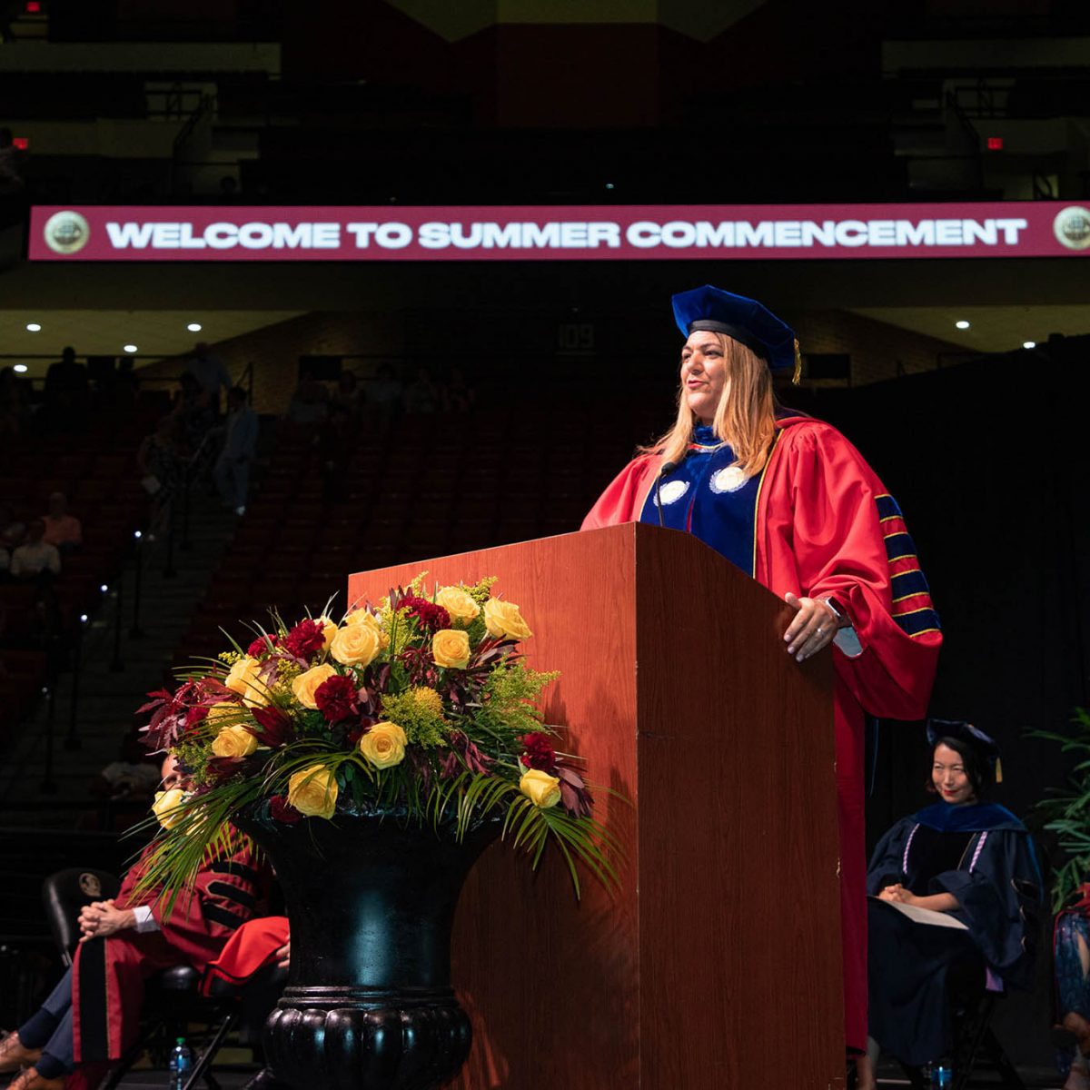 Madeline Pumariega inspires graduates as the keynote speaker during summer commencement Friday, Aug. 4, 2023, at the Donald L. Tucker Civic Center. (FSU Photography Services)