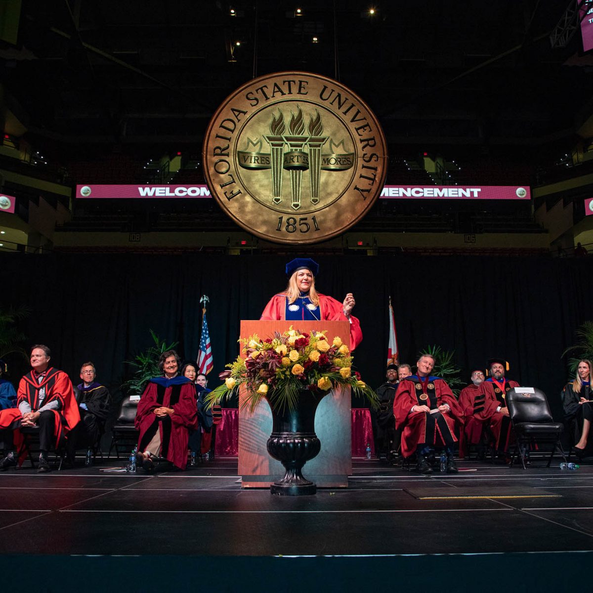 Madeline Pumariega inspires graduates as the keynote speaker during summer commencement Friday, Aug. 4, 2023, at the Donald L. Tucker Civic Center. (FSU Photography Services)