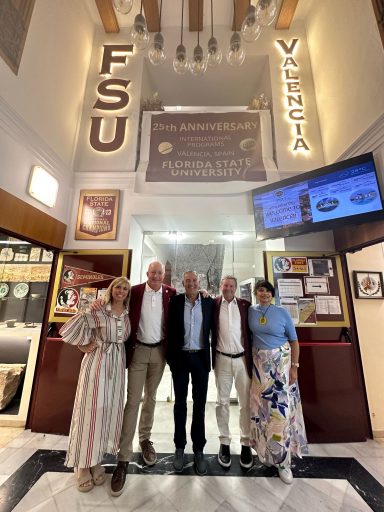 FSU International Programs board member Jennifer Collins, Board of Trustees Chair Peter Collins, FSU Valencia Director Ignacio Messana, President Richard McCullough and First Lady Jai Vartikar in the lobby of the FSU Valencia Study Center.