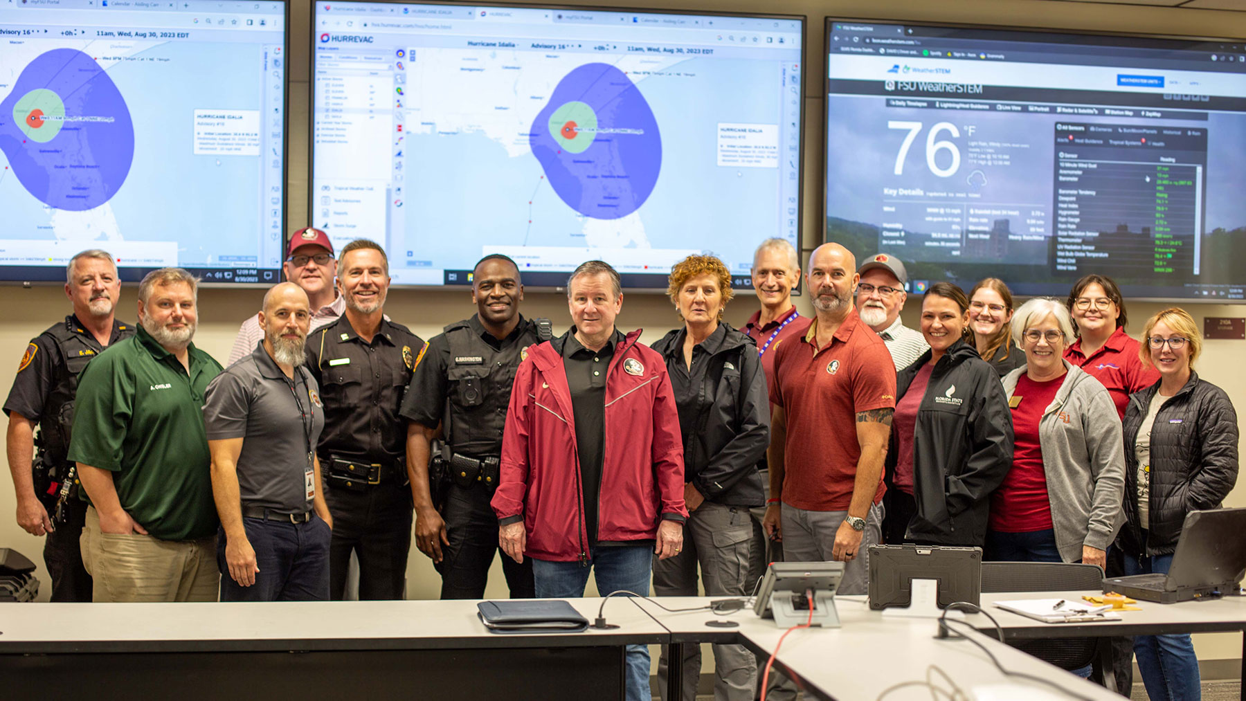 President Richard McCullough visits FSU's Emergency Operations Center after Hurricane Idalia made its way through Tallahassee Wednesday, Aug. 30, 2023. (Mark Vaughn/University Communications)