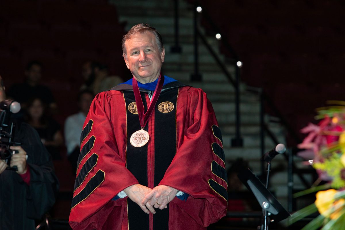 Florida State University President Richard McCullough welcomes graduates and their guests to the university’s summer doctoral hooding ceremony Friday, Aug. 4, 2023, at the Donald L. Tucker Civic Center. (FSU Photography)
