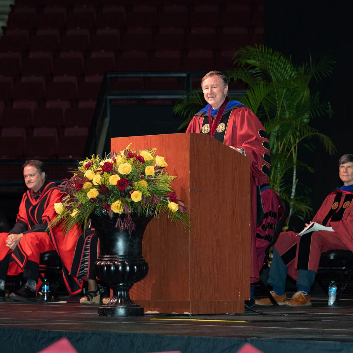 Florida State University President Richard McCullough welcomes graduates and guests at the summer commencement ceremony Friday, Aug. 4 at the Donald L. Tucker Civic Center. (FSU Photography Services)