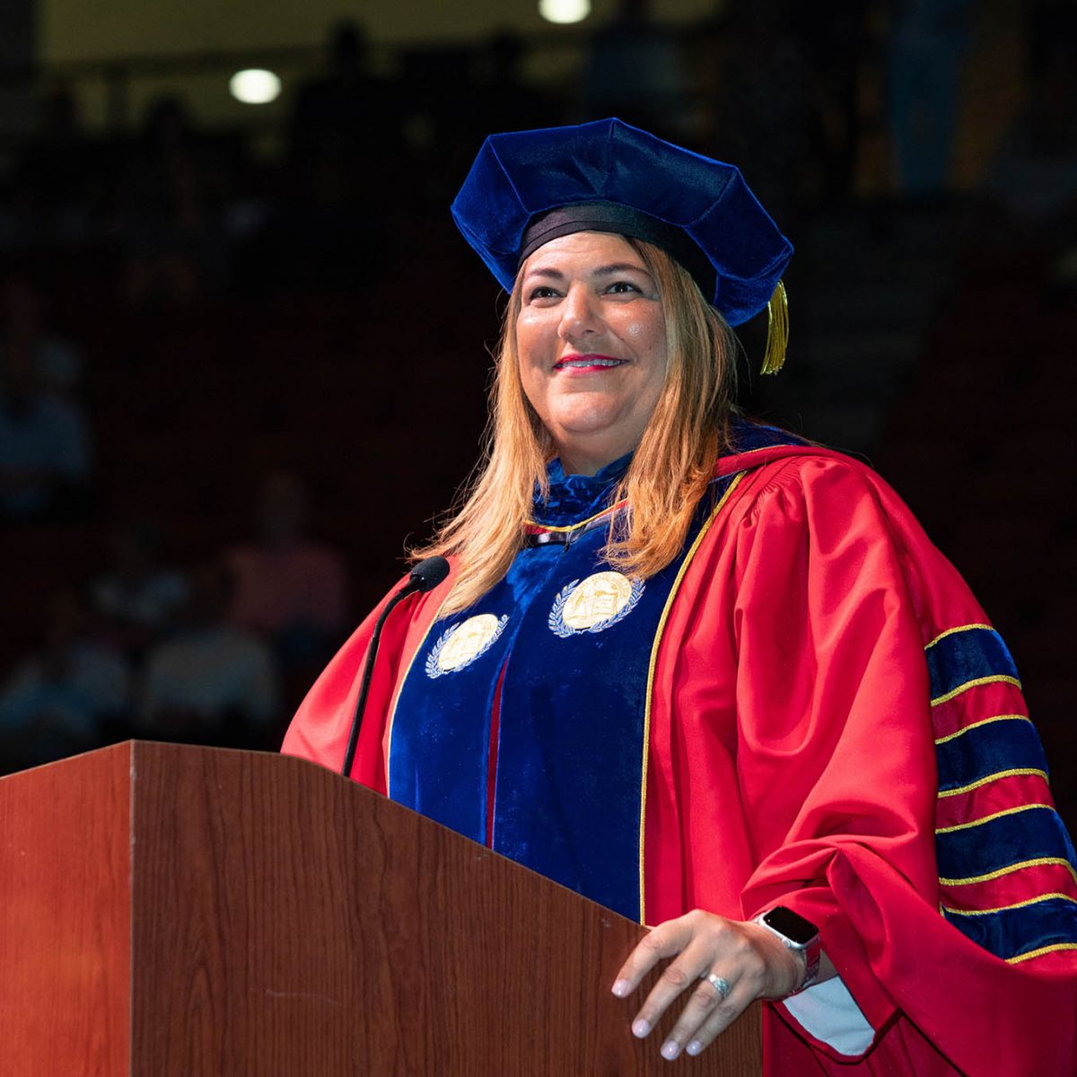Madeline Pumariega, the first female president of Miami Dade College (MDC) and former executive vice president and provost of Tallahassee Community College, made her comments as the keynote speaker at two summer commencement ceremonies Friday, Aug. 4, at the Donald L. Tucker Civic Center. (FSU Photography Services)