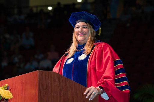 Madeline Pumariega, the first female president of Miami Dade College (MDC) and former executive vice president and provost of Tallahassee Community College, made her comments as the keynote speaker at two summer commencement ceremonies Friday, Aug. 4, at the Donald L. Tucker Civic Center. (FSU Photography Services)