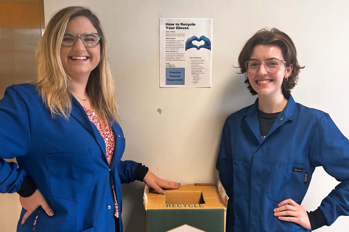 Kristen Weeks, left, and Carley Reid, two FSU chemistry graduate students, have recycled 193 pounds of gloves, equivalent to nearly 28,000 pairs, in just over a year.