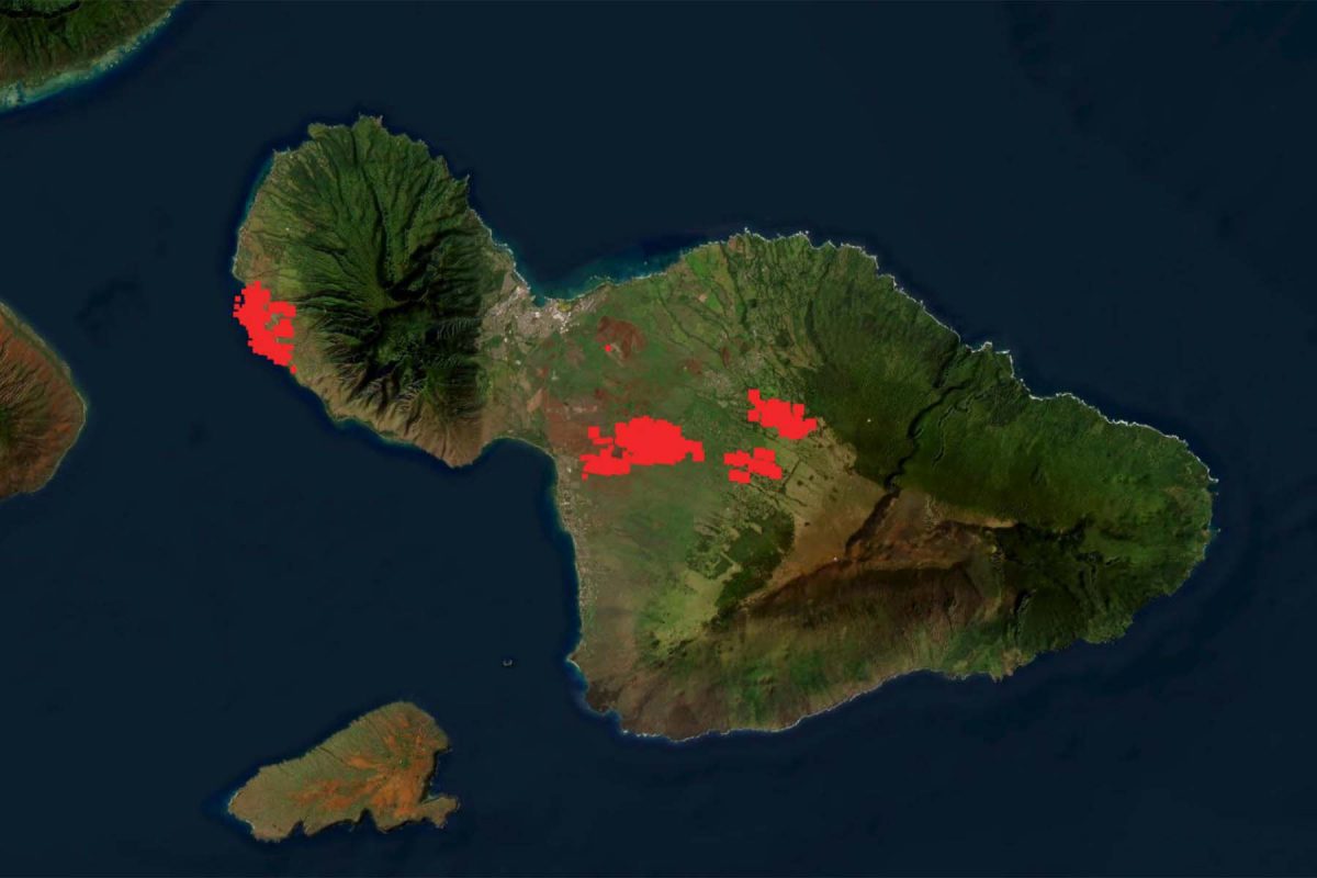 A map from NASA shows where wildfires burned this week on Maui this week.