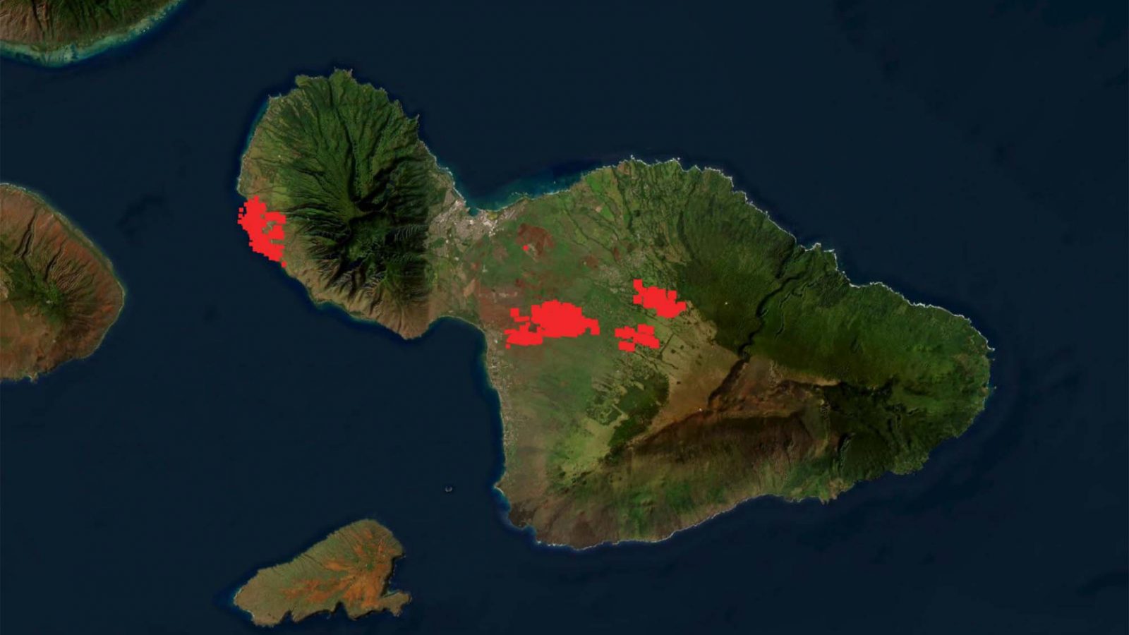 A map from NASA shows where wildfires burned this week on Maui this week.