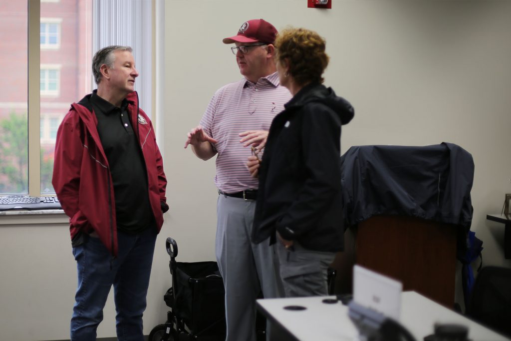 President Richard McCullough, left, visits FSU's Emergency Operations Center after Hurricane Idalia made its way through Tallahassee on Wednesday, Aug. 30, 2023. (Mark Vaughn/University Communications)