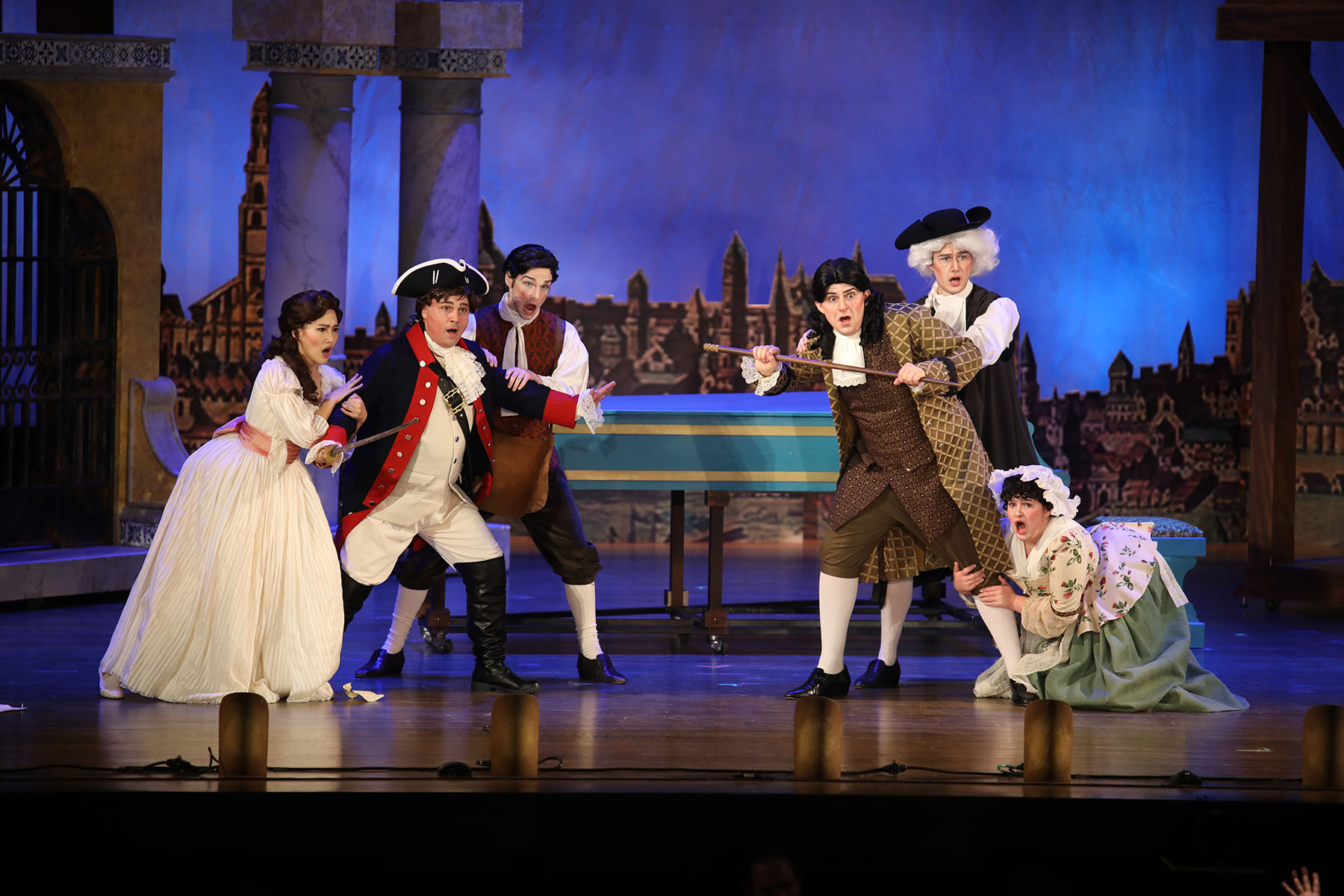 Bartolo's household is turned upside down in the finale of Act 1 of "“Il Barbiere di Siviglia.” From left: Ye Ji Lee, Eric Rieger, Cole Bellamy, Carter Houston, Derek Hale, Mary-Bradley Knighton. (Tyler Hast)