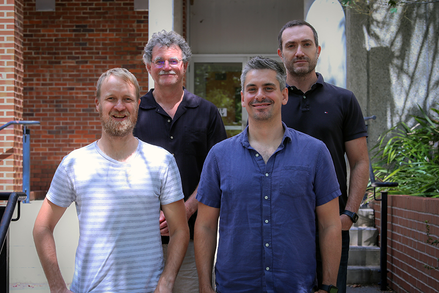 From left, Associate Professor Martin Bauer, Professor Richard Bertram, Assistant Professor Tom Needham and Assistant Professor Roberto Vincis. (Photo by: Devin Bittner/FSU College of Arts and Sciences)