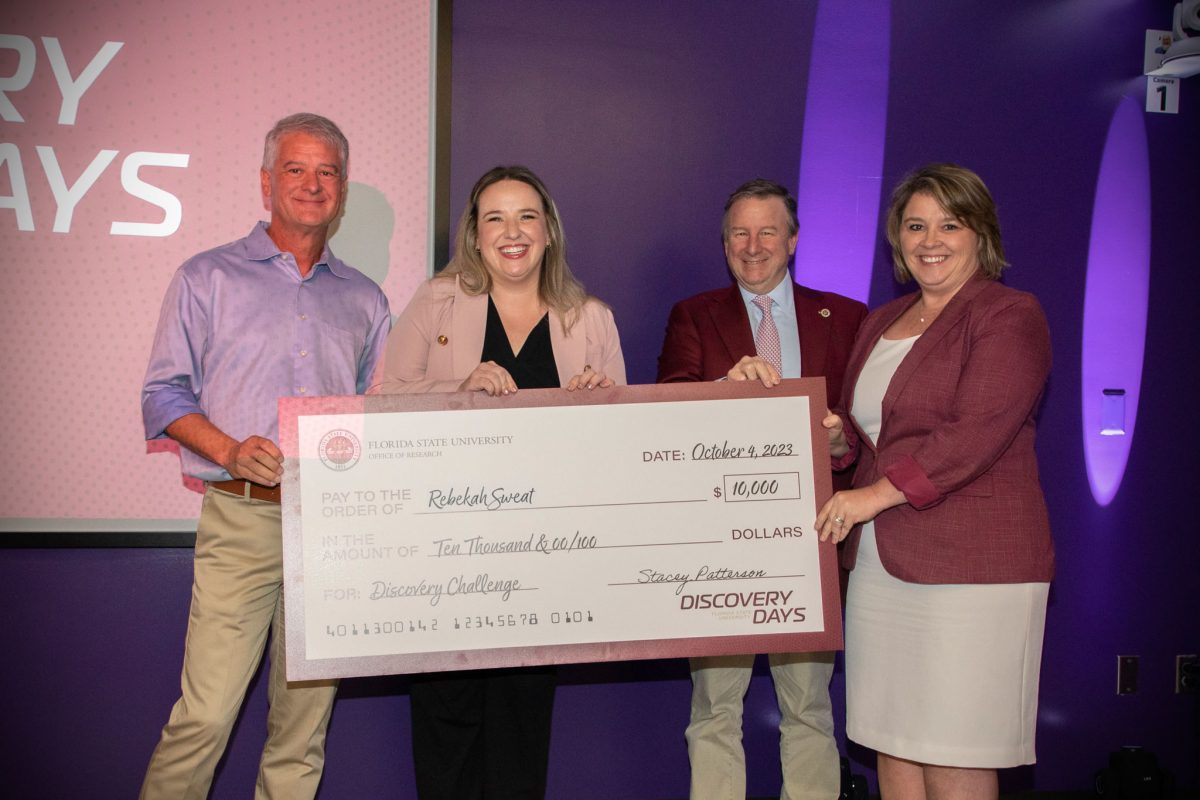 In addition to winning the second place prize of $25,000, Rebekah Sweat won the People's Choice award for $10,000 at the FSU Discovery Challenge event on Wednesday, Oct. 4, 2023. (FSU Photography Services)