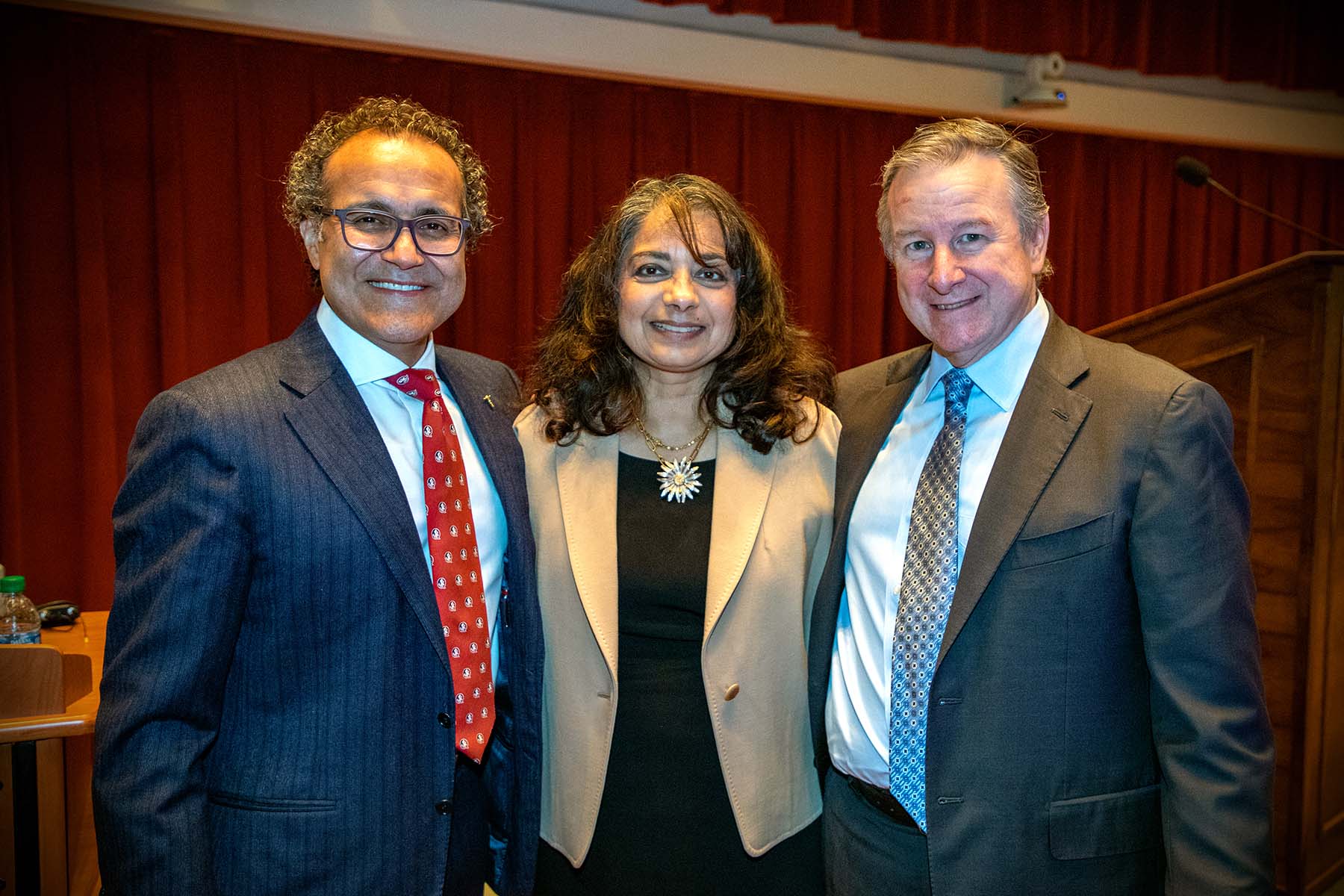 Dr. Q poses with FSU First Lady Dr. Jai and President Richard McCullough on Monday, Oct. 2 at a presidential symposium at the College of Medicine for FSU Discovery Days week. (FSU Photography Services)