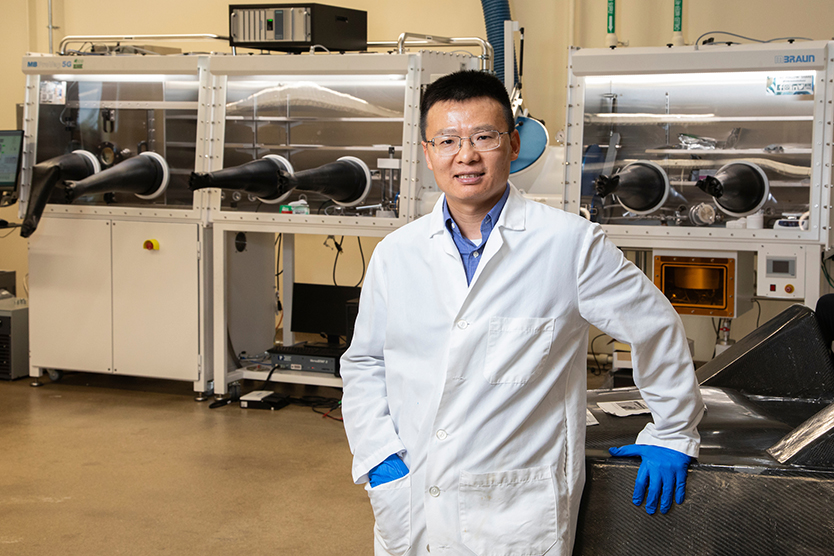 Zhibin Yu, an associate professor in the Department of Industrial and Manufacturing Engineering at the FAMU-FSU College of Engineering, is developing stretchable photodiodes. (Photo by: Mark Wallheiser/FAMU-FSU College of Engineering)