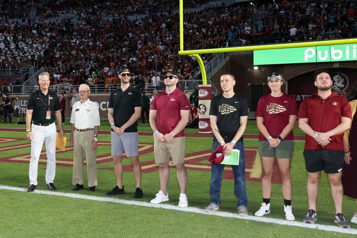 Veterans were honored during an on-field recognition during the FSU Military Appreciation Game on Nov. 11, 2023. (Ryals Lee, FSU Athletics Photography)
