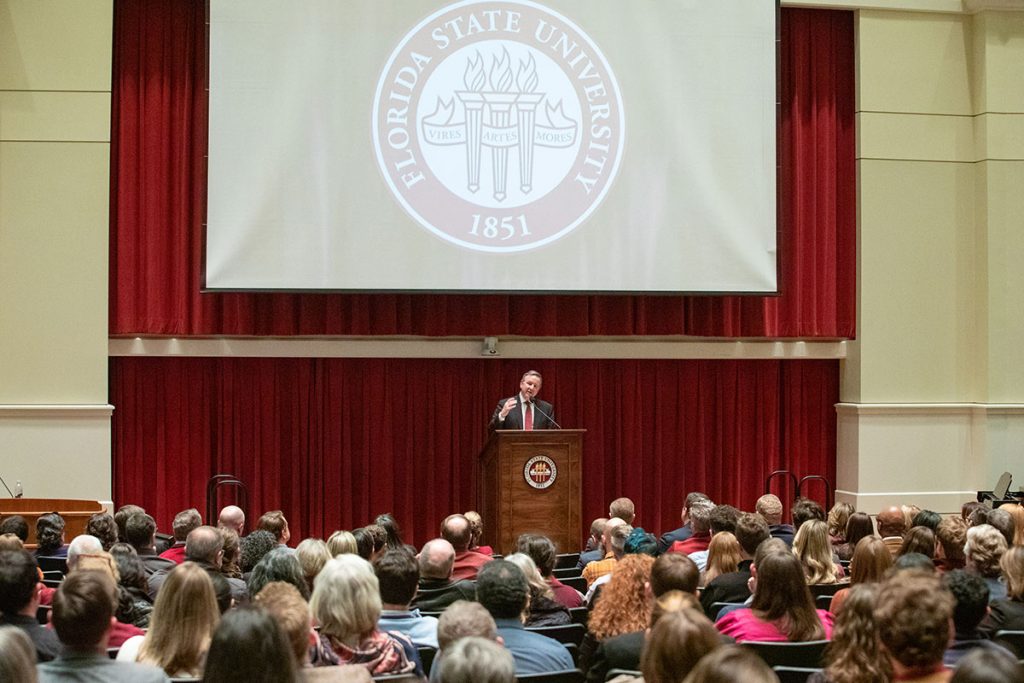 President Richard McCullough delivers the annual State of the University address at the College of Medicine's Durell Peaden Auditorium on Wednesday, Nov. 29, 2023. (Bill Lax/FSU Photography Services)