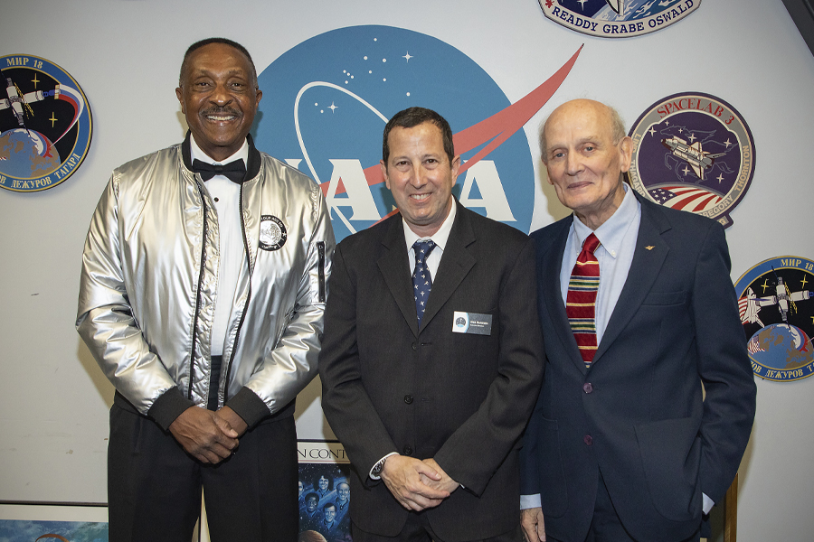 From left, Captain Winston Scott; Alan Hanstein, executive director of the Challenger Learning Center of Tallahassee; and Dr. Norm Thagard. Former NASA astronauts Scott and Thagard were early supporters of the center, which celebrated its 20-year anniversary this year. (Bill Lax/FSU Photography Services)