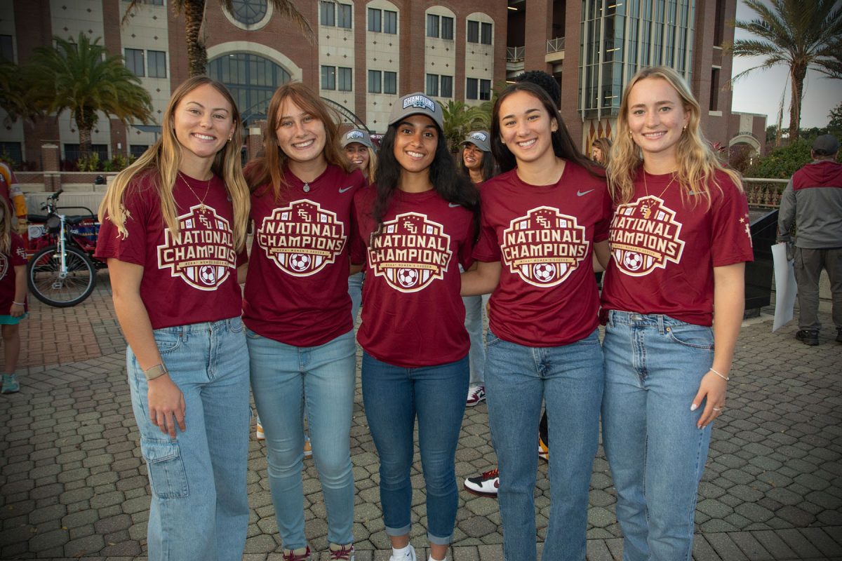 Florida State Women's Soccer team players Taylor Huff, Beata Olsson, Olivia Garcia, Leah Pais, Sophia Nguyen and Heather Gilchrist at the championship celebration at the Unconquered Statue, Dec. 5, 2023. (FSU Photography)