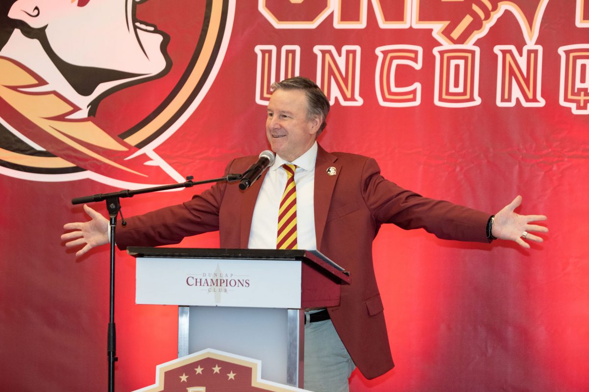 President Richard McCullough speaks at the championship ceremony held at the FSU Champions Club, Dec. 5, 2023. (FSU Photography)