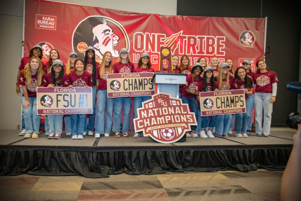 Florida State Women's Soccer team members celebrate College Cup National Championship win at the FSU Champions Club, Dec. 5, 2023. (FSU Photography)