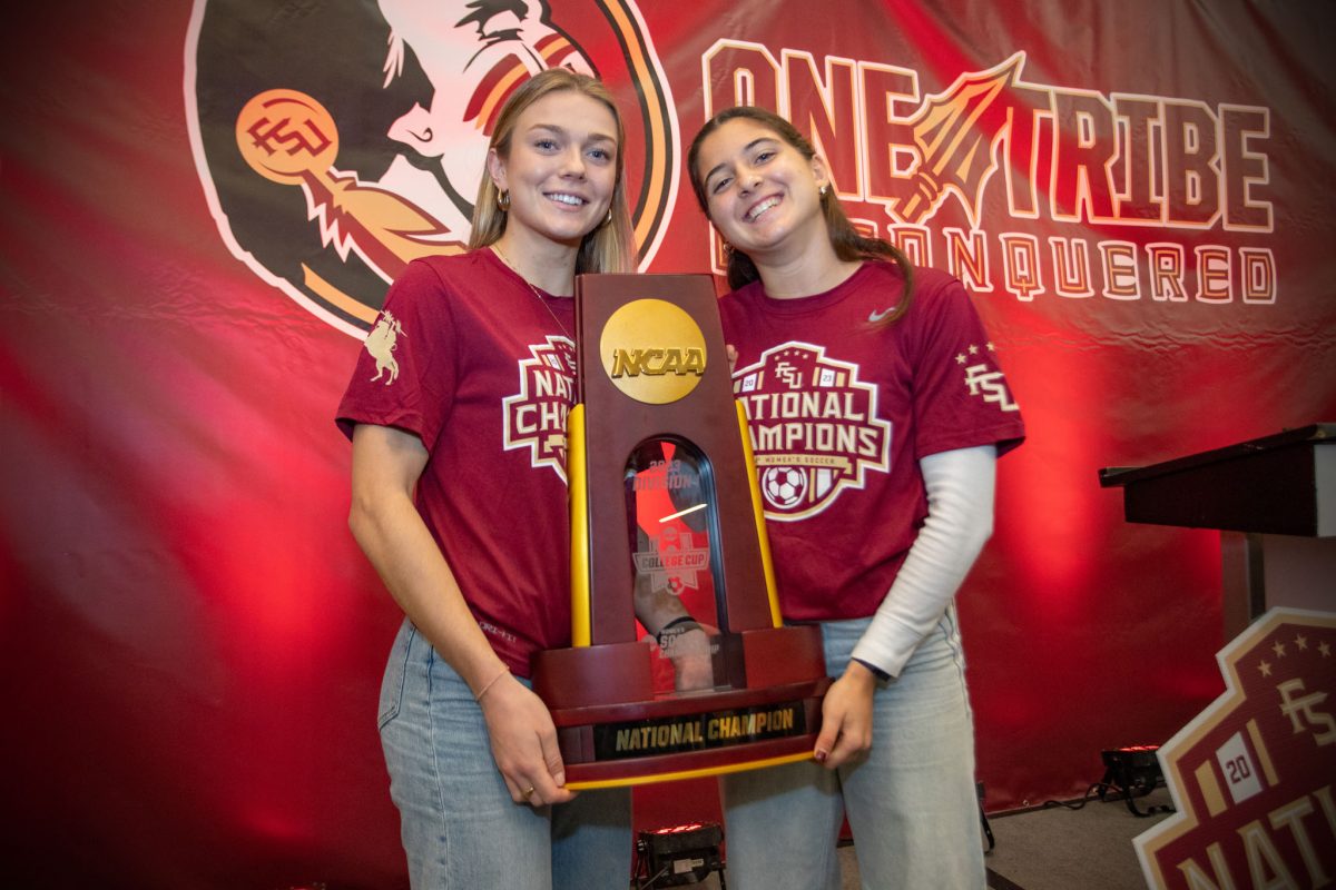 Florida State Women's Soccer team members Beata Olsson and Maria Alagoa pose with the NCAA College World Cup trophy, Dec. 5, 2023. (FSU Photography)