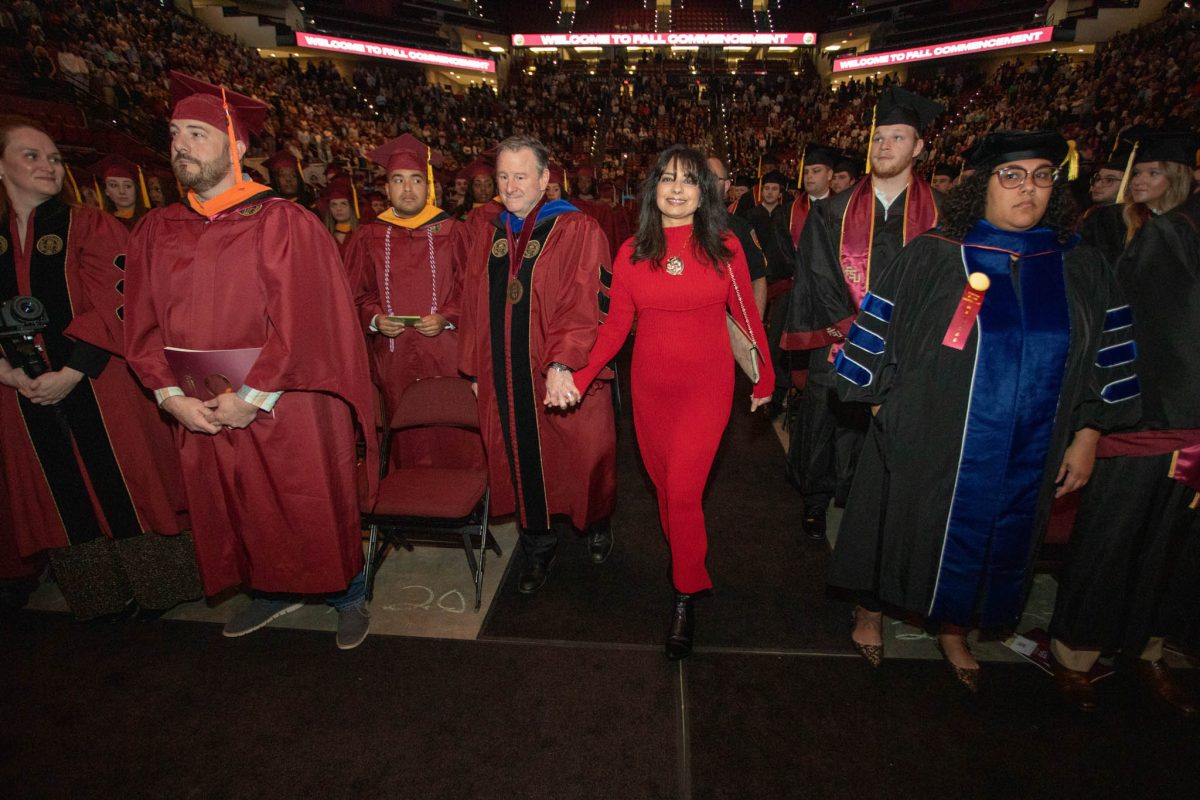 President Richard McCullough thanked his wife, Dr. Jai Vartikar, for her contributions to FSU during the afternoon ceremony. (FSU Photography Services)