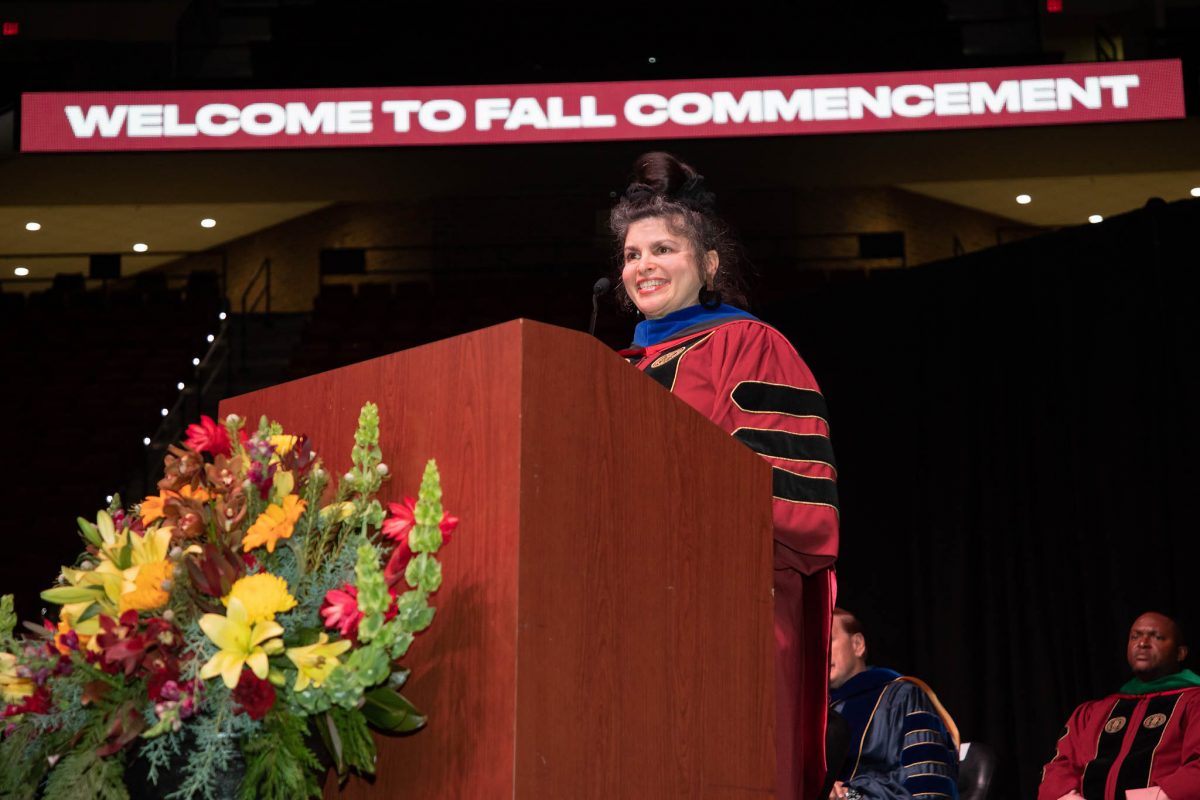 Lilian Garcia-Roig, a Cuban-born artist and FSU Department of Art professor since 2001, implored the graduates to embrace curiosity and challenged them to endure and learn from life's inevitable setbacks. (FSU Photography Services)