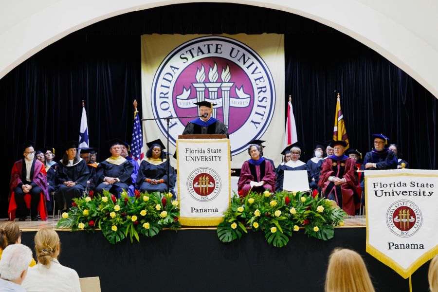 Director of FSU International Programs Jim Pitts addresses the crowd during a commencement ceremony for the FSU-Panama Class of 2023 on Tuesday, Dec. 5, at the City of Knowledge Convention Center in Panama City, Panama. (FSU-Panama, Pedro Ahues)