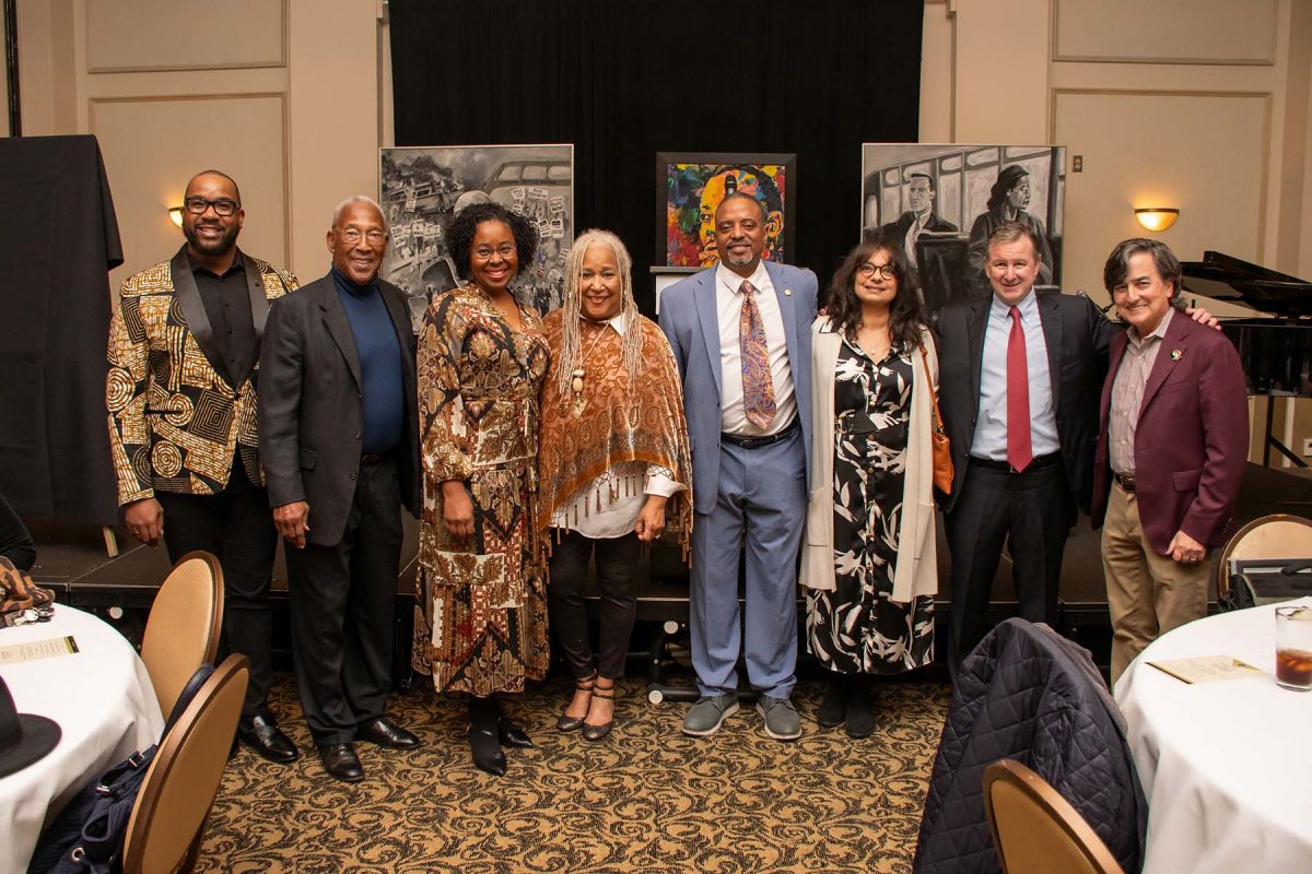 Pictured from left: Marques Ruff, Fred Flowers, Dr. Marci’a Porter, Doby Flowers, Ted Ellis, First Lady Jai Vartikar, President Richard McCullough and Provost Jim Clark. (College of Social Sciences and Public Policy)