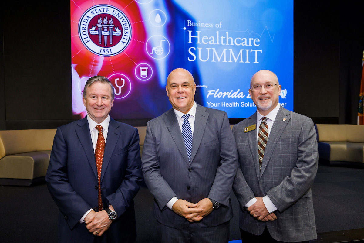 FSU President Richard McCullough, Florida Blue CEO Pat Geraghty and FSU College of Business Dean Michael Hartline at the FSU Business of Healthcare Summit. (College of Business)