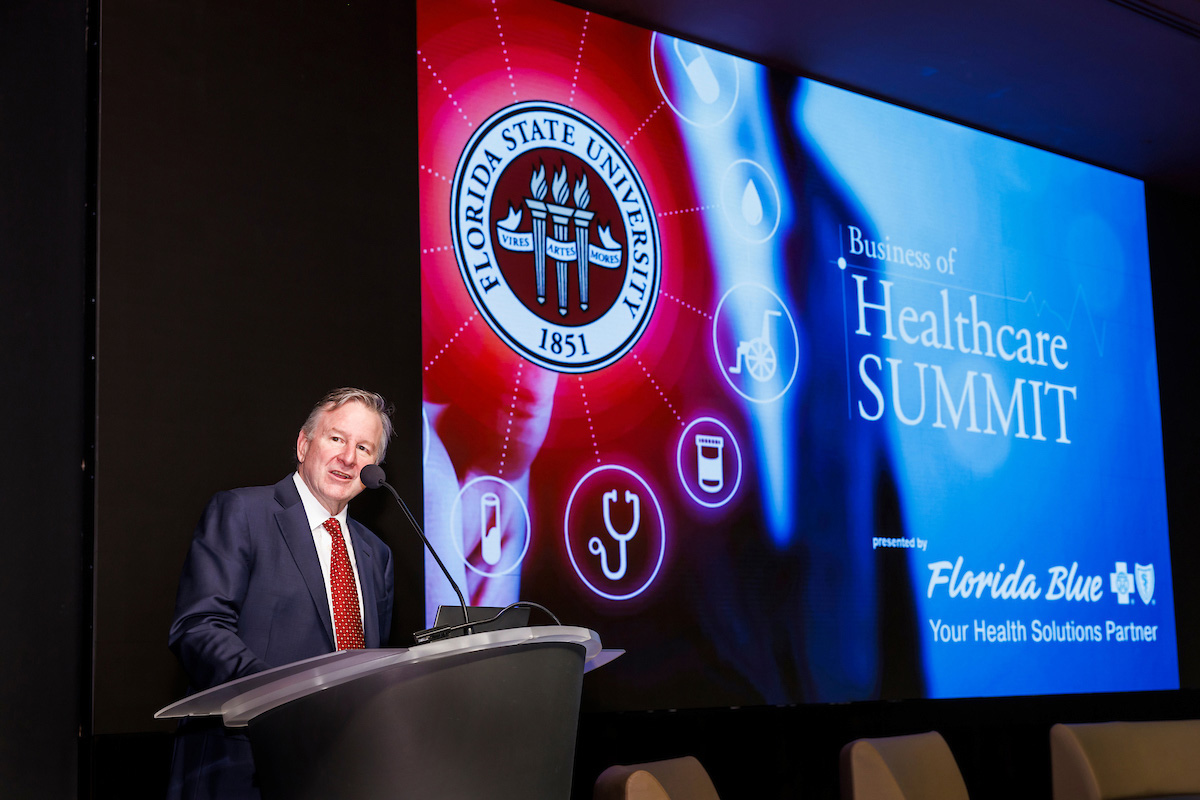 FSU President Richard McCullough speaks during the inaugural FSU Business of Healthcare Summit. (Colin Hackley)
