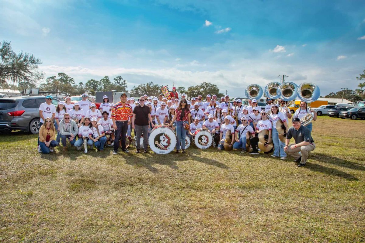 Kyle Doney, the Marching Chiefs, Osceola and Renegade, FSU President Richard McCullough and First Lady Jai Vartikar at the 2024 Brighton Field Day at Brighton Seminole Reservation on Saturday, Feb. 17, 2024. (FSU Photography)