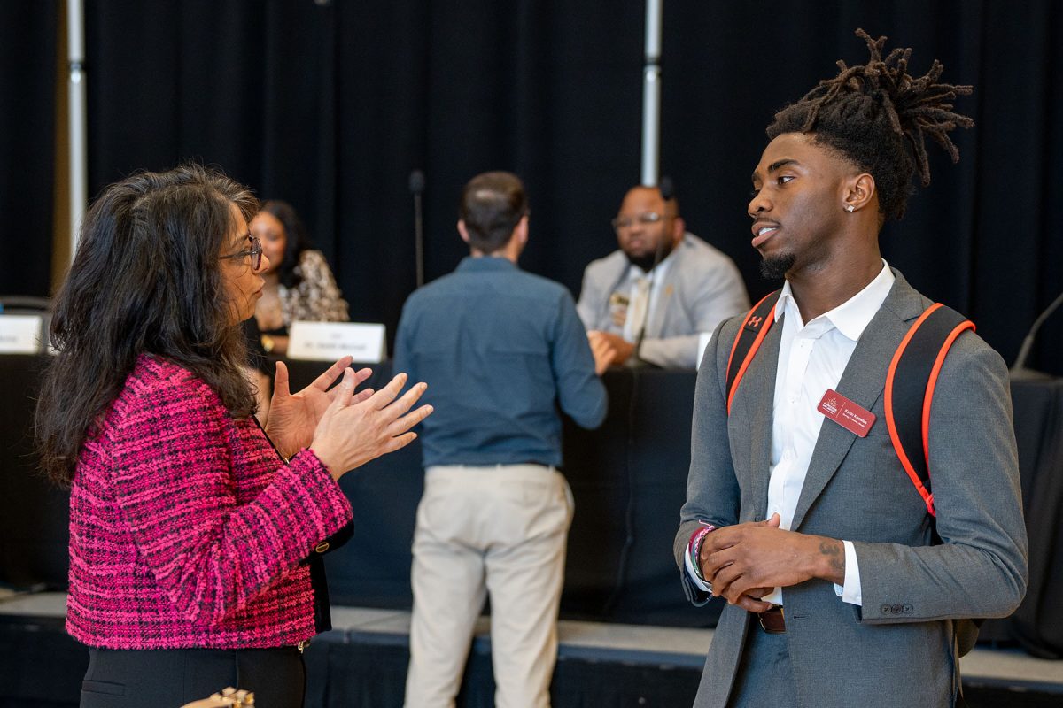 FSU First Lady Dr. Jai Vartikar speaks with Kevin Knowles at the Horizons Unlimited Conference on Feb. 26, 2024. (Brittany Mobley, Undergraduate Studies)