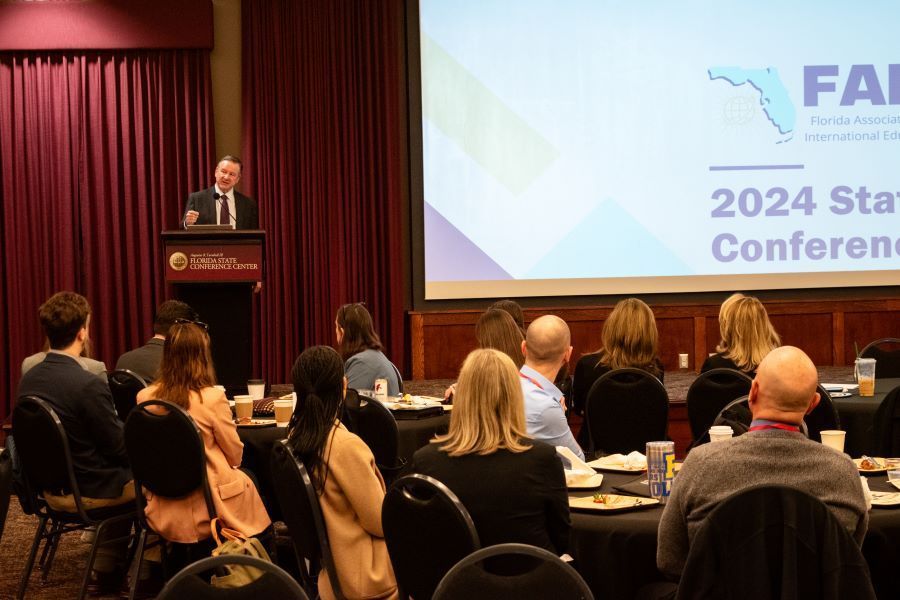 FSU President Richard McCullough delivered the opening remarks at the 25th Annual FAIE Conference, which took place on Feb. 16 at the Augustus B. Turnbull III Florida State Conference Center. (FSU Center for Global Engagement/Seamus Toner)