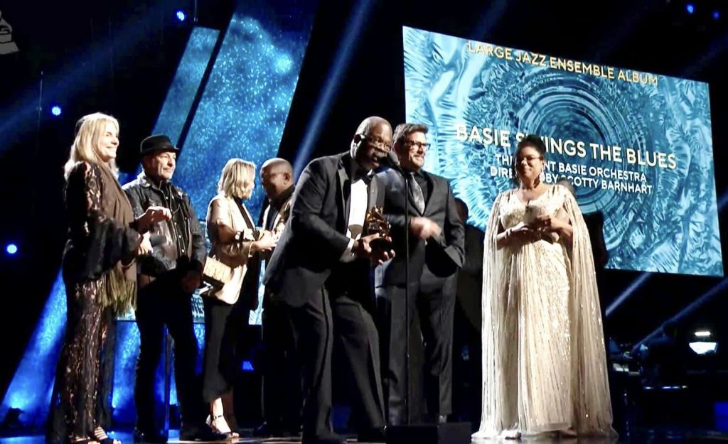 Scotty Barnhart, associate professor of jazz trumpet at FSU's College of Music, accepted the Grammy on stage as the group’s director.