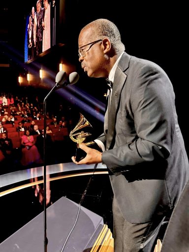 Barnhart accepting the Grammy for "Best Large Jazz Ensemble Album" for the Count Basie Orchestra’s “Basie Swings The Blues” on Feb. 4, 2024, in Los Angeles.