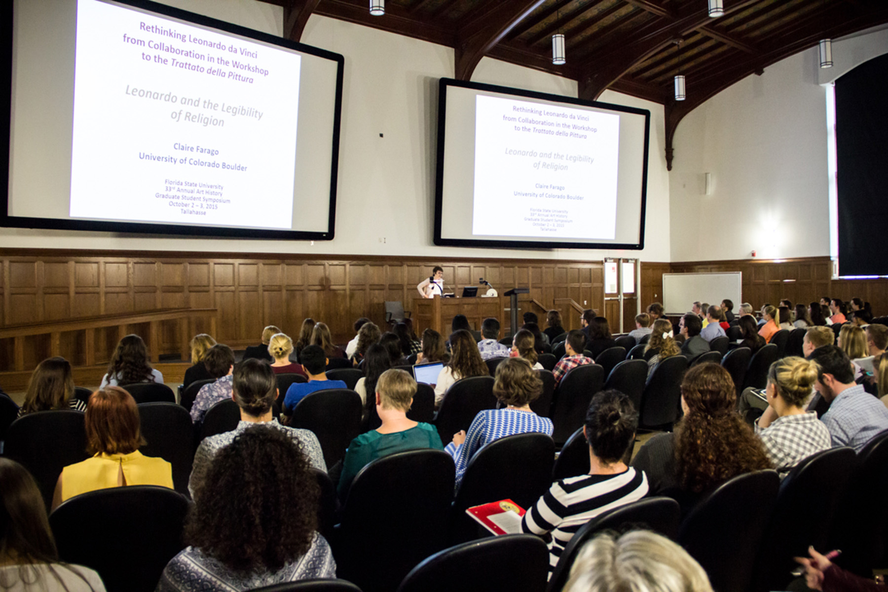 Claire Farago from the University of Colorado Boulder speaks during the 36th Annual Graduate Student Symposium to attendees, March 2019.