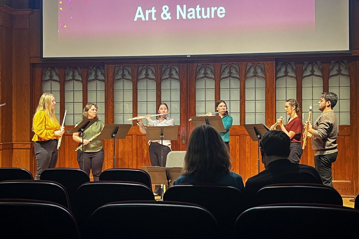 An interdisciplinary evening of poetry readings, musical performances, and presentations on Artists and Climate Change and Goethe and the Metamorphosis of Nature. Sunday, Feb. 25, 2024 in Longmire Recital Hall. (Bob Howard)