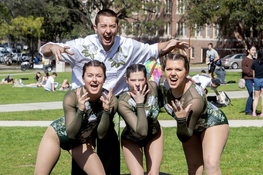 Members of the FSU Circus gave a preview of acts featured in the circus Spring Show (April) with live music played by the FSU Early and World Music Ensembles. Saturday, Feb 24, 2024 on Landis Green. (Bob Howard)