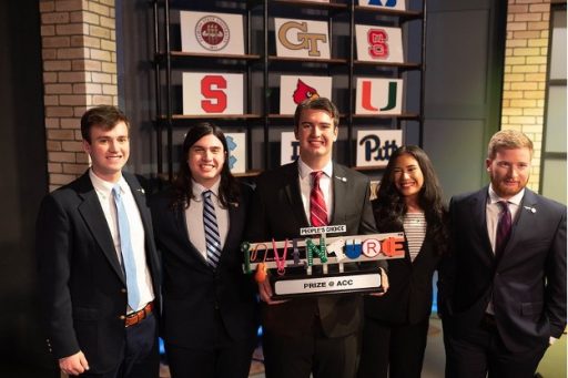 Mechanical engineering majors Michael Romega, Kristine Villarino, Andrew Burkhardt, Caleb Ward and Max McCammon, who represented FSU in 2023, won the People's Choice prize for their technology, extraBREATH, which treats patients with severe lung injuries while eliminating the need for medical sedation and its negative side effects.