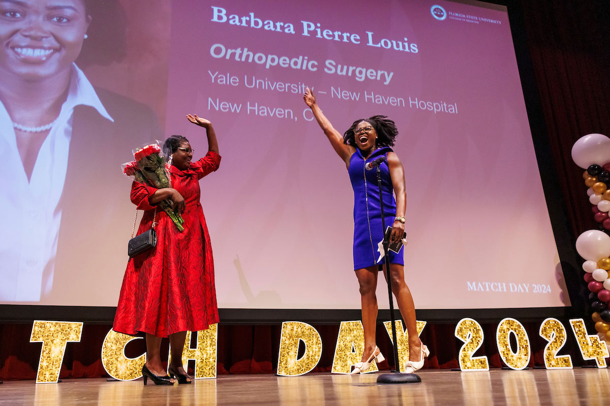 Barbara Pierre Louis, from the Fort Pierce Regional Campus, could not contain her excitement after discovering she is headed to Yale University-New Haven Hospital, matching in orthopedic surgery. (Photo by Colin Hackley for the FSU College of Medicine)