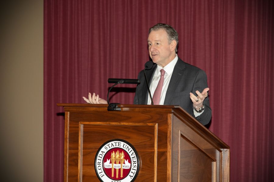 FSU President Richard McCullough delivers remarks during a reception honoring grantees of the Fulbright Program on Wednesday, Feb. 20, at the Augustus B. Turnbull III Florida State Conference Center. (FSU Photography Services/Bill Lax)