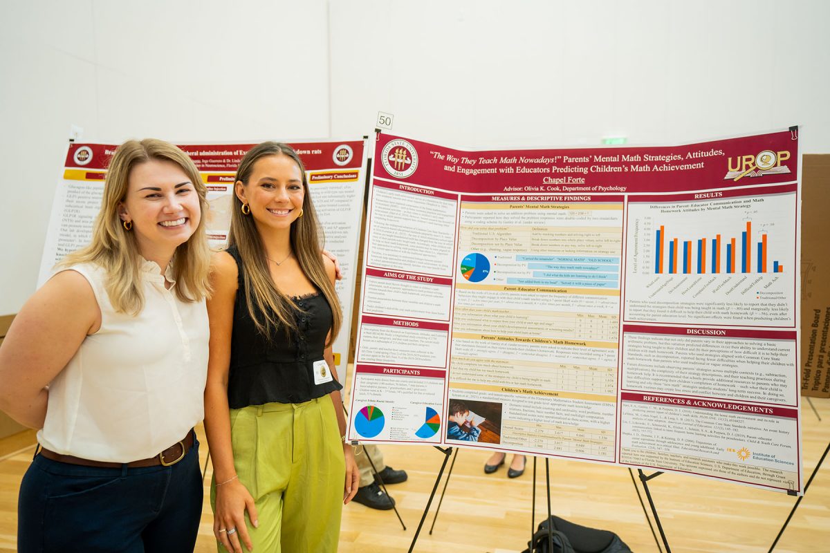 Postdoctoral researcher Olivia Cook, in the Department of Psychology, left, poses with her mentee, Chapel Forte, by their research poster during the Undergraduate Research Symposium, hosted by the Center for Undergraduate Research and Academic Engagement Wednesday, April 3, 2024, at the Student Union Ballrooms. Cook won the Post-Doc Undergraduate Research Mentor Award during the 10th annual Undergraduate Research Mentor Awards. (Brittany Mobley, Division of Undergraduate Studies)